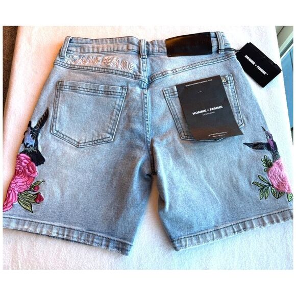 NWT Homme+FEMME Nouveau Paradise Cotton Denim Shorts Embroidered Floral $138 30 - Picture 4 of 7
